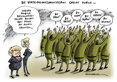 Cartoon: Bundeswehr Beschwerden (medium) by Schwarwel tagged bundeswehr,soldaten,armee,krieg,frieden,militär,beschwerden,wehrbeauftragter,merkel,von,der,leyen,vertiedigung,ministerin,verteidigungsminister,truppe,waffen,karikatur,schwarwel,bundeswehr,soldaten,armee,krieg,frieden,militär,beschwerden,wehrbeauftragter,merkel,von,der,leyen,vertiedigung,ministerin,verteidigungsminister,truppe,waffen,karikatur,schwarwel