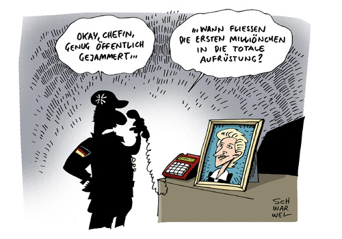 Cartoon: Bundeswehr Mängelrapport (medium) by Schwarwel tagged bundeswehr,mängelrapport,von,der,leyen,ministerin,karikatur,schwarwel,soldat,armee,herr,waffe,gewalt,krieg,frieden,ukraine,bundeswehr,mängelrapport,von,der,leyen,ministerin,karikatur,schwarwel,soldat,armee,herr,waffe,gewalt,krieg,frieden,ukraine