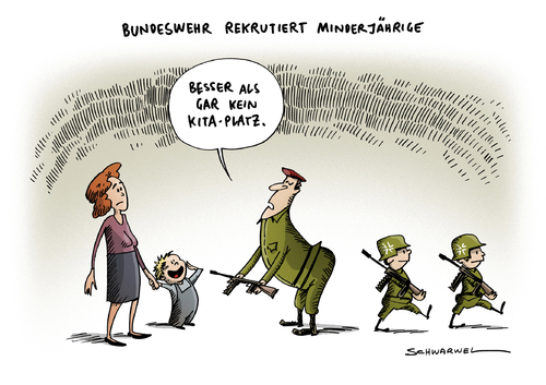 Cartoon: Bundeswehr Minderjährige Kita (medium) by Schwarwel tagged bundeswehr,rekrutiert,rekrut,minderjährige,soldaten,armee,dienst,wehrdienst,waffe,krieg,frieden,gewalt,ausbildung,kita,kinder,jugendliche,arbeit,lehre,job,terror,uniform,karikatur,schwarwel,stahlhelm,bundeswehr,rekrutiert,rekrut,minderjährige,soldaten,armee,dienst,wehrdienst,waffe,krieg,frieden,gewalt,ausbildung,kita,kinder,jugendliche,arbeit,lehre,job,terror,uniform,karikatur,schwarwel,stahlhelm