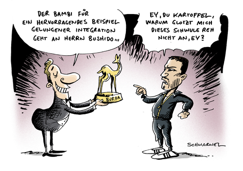 Cartoon: Bushido Bambi (medium) by Schwarwel tagged bushido,bambi,burda,beispiel,integration,homosexuell,homosexualitaet,preis,saenger,beruehmtheit,reh,unterhaltungspreis,verleihung,frauenrecht,schwul,lesbisch,tv,spielfilm,lisa,gangster,rapper,musik,karikatur,schwarwel,bushido,bambi,burda,beispiel,integration,homosexuell,homosexualitaet,homosexualität