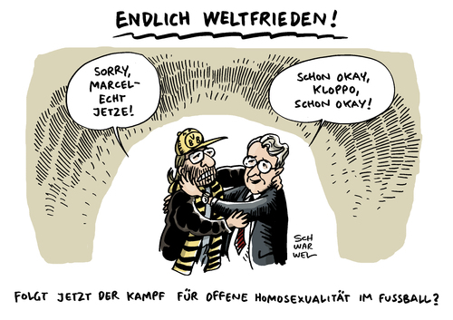 Cartoon: BVB Ärger Klopp Marcel Reif (medium) by Schwarwel tagged bvb,ärger,trainer,klopp,marcel,reif,entschuldigung,kommentator,fußball,sport,karikatur,schwarwel,ball,spielfeld,tor,rasen,weltfrieden,frieden,homosexualität,bvb,ärger,trainer,klopp,marcel,reif,entschuldigung,kommentator,fußball,sport,karikatur,schwarwel,ball,spielfeld,tor,rasen,weltfrieden,frieden,homosexualität