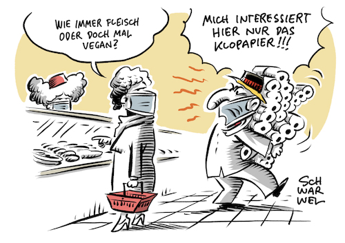 Cartoon: Corona Hamsterkäufe Vegan (medium) by Schwarwel tagged corona,coronavirus,covid19,coronakrise,coronapolitik,hamsterkauf,hamsterkäufe,toilettenpapier,vegan,veganismus,vegetarisch,fleischkonsum,fleisch,lebensmittel,nahrung,nahrungsmittel,veganer,veggie,burger,vegane,wurst,erbsenbratling,fleischersatz,ernährung,sojabasis,landwirtschaft,agrar,fleischersatzprodukte,soja,sojamilch,pflanzenkäse,cartoon,karikatur,schwarwel,corona,coronavirus,covid19,coronakrise,coronapolitik,hamsterkauf,hamsterkäufe,toilettenpapier,vegan,veganismus,vegetarisch,fleischkonsum,fleisch,lebensmittel,nahrung,nahrungsmittel,veganer,veggie,burger,vegane,wurst,erbsenbratling,fleischersatz,ernährung,sojabasis,landwirtschaft,agrar,fleischersatzprodukte,soja,sojamilch,pflanzenkäse,cartoon,karikatur,schwarwel