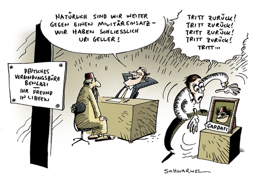 Cartoon: Deutsche in Libyen (medium) by Schwarwel tagged deutsche,deutsch,westerwelle,libyen,verbindung,büro,verbindungsbüro,bengazi,unterstützung,libyer,milität,einsatz,geld,waffen,wirtschaft,terror,uri,geller,gaddafi,karikatur,schwarwel,deutsche,westerwelle,libyen,verbindung,büro,verbindungsbüro,bengazi,unterstützung,milität,libyer,geld,waffen,wirtschaft,einsatz,gaddafi,terror