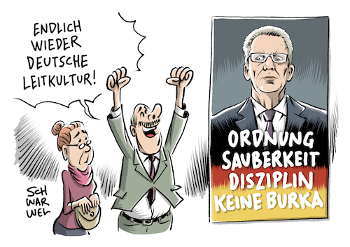 Cartoon: Deutsche Leitkultur (medium) by Schwarwel tagged deutsche,leitkultur,stimmungsmache,innenminister,de,maiziere,zehn,punkte,katalog,leitkulstur,deutshcland,politiker,politik,ordnung,sauberkeit,disziplin,burka,karikatur,schwarwel,deutsche,leitkultur,stimmungsmache,innenminister,de,maiziere,zehn,punkte,katalog,leitkulstur,deutshcland,politiker,politik,ordnung,sauberkeit,disziplin,burka,karikatur,schwarwel