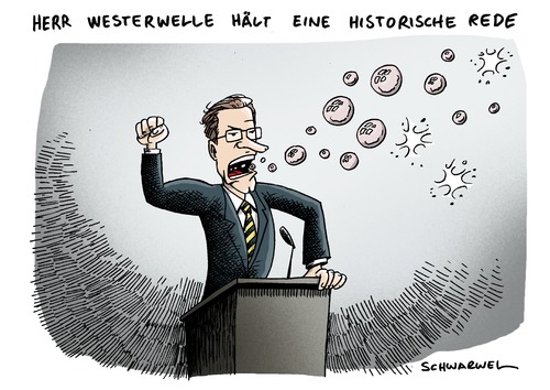 Cartoon: Dreikönigstreffen Westerwelle (medium) by Schwarwel tagged westerwelle,rede,dreikönigstreffen,fdp,macht,liberal,lindner,chef,führung,vorsitzender,stuttgart,deutschland,krise,partei,politik,polititker,karikatur,schwarwel,fdp,dreikönigstreffen,guido westerwelle,partei,vorsitz,chef,kritik,rede,befreiungsschlag,umfrage,guido,westerwelle