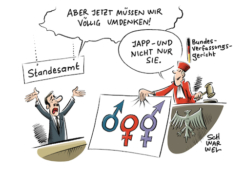 Cartoon: Drittes Geschlecht (medium) by Schwarwel tagged mann,frau,männer,frauen,gleichberechtigung,gleichstellung,gender,bundesverfassungsgericht,drittes,geschlecht,standesamt,homo,homosexualität,schwul,lesbisch,homoehe,geburtenregister,intersexuell,persönlichkeitsrecht,karikatur,schwarwel,geschlechtsmerkmale,freiheit,diskriminierung,diskriminierungsverbot,mann,frau,männer,frauen,gleichberechtigung,gleichstellung,gender,bundesverfassungsgericht,drittes,geschlecht,standesamt,homo,homosexualität,schwul,lesbisch,homoehe,geburtenregister,intersexuell,persönlichkeitsrecht,karikatur,schwarwel,geschlechtsmerkmale,freiheit,diskriminierung,diskriminierungsverbot