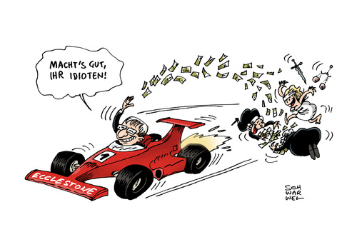 Cartoon: Ecclestone Prozess Schmiergeld (medium) by Schwarwel tagged schwarwel,karikatur,millionen,mio,100,zahlung,schmiergeld,prozess,ecclestone,ecclestone,prozess,schmiergeld,zahlung,100,mio,millionen,karikatur,schwarwel