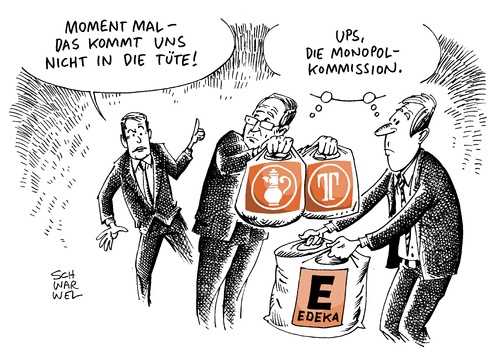 Cartoon: Edeka Tengelmann Fusion (medium) by Schwarwel tagged gutachten,ministererlaubnis,minister,erlaubnis,fusion,monopol,kommission,edeka,tengelmann,karikatur,schwarwel,wirtschaft,finanzen,gutachten,ministererlaubnis,minister,erlaubnis,fusion,monopol,kommission,edeka,tengelmann,karikatur,schwarwel,wirtschaft,finanzen