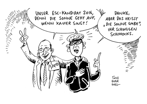 Cartoon: ESC Xavier Naidoo (medium) by Schwarwel tagged xavier,naidoo,esc,euro,vision,song,contest,teilnehmer,sonne,ndr,kandidat,musik,antisemitismus,rechts,nazi,homophob,homophobie,schwul,rechtspopulismus,karikatur,schwarwel,xavier,naidoo,esc,euro,vision,song,contest,teilnehmer,sonne,ndr,kandidat,musik,antisemitismus,rechts,nazi,homophob,homophobie,schwul,rechtspopulismus,karikatur,schwarwel