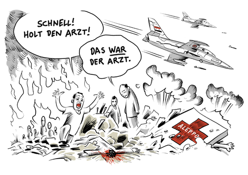 Cartoon: Eskalation in Syrien Kinderarzt (medium) by Schwarwel tagged eskalation,syrien,aleppo,kinderarzt,arzt,doktor,angriff,krieg,zerstörung,regierungstruppen,regierung,armee,soldaten,waffen,gealt,mord,tod,waffenruhe,karikatur,schwarwel,krankenhaus,luftanschlag,humanitär,un,ärzte,sanitäter,eskalation,syrien,aleppo,kinderarzt,arzt,doktor,angriff,krieg,zerstörung,regierungstruppen,regierung,armee,soldaten,waffen,gealt,mord,tod,waffenruhe,karikatur,schwarwel,krankenhaus,luftanschlag,humanitär,un,ärzte,sanitäter