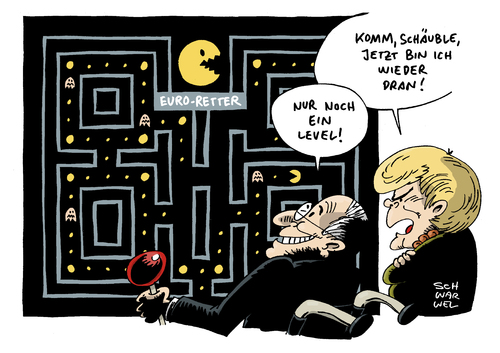 Cartoon: Euro Rettung Merkel Schäuble (medium) by Schwarwel tagged euro,rettung,merkel,schäuble,europäische,union,international,schulden,länder,pacman,politik,wirtschaft,geld,finanzen,karikatur,schwarwel,euro,rettung,merkel,schäuble,europäische,union,international,schulden,länder,pacman,politik,wirtschaft,geld,finanzen,karikatur,schwarwel