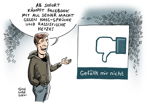 Cartoon: Facebook Dislike Button (medium) by Schwarwel tagged hass,rassismus,mark,zuckerberg,facebook,dislike,button,like,www,social,media,soziale,netzwerke,hass,rassismus,mark,zuckerberg,facebook,dislike,button,like,www,social,media,soziale,netzwerke