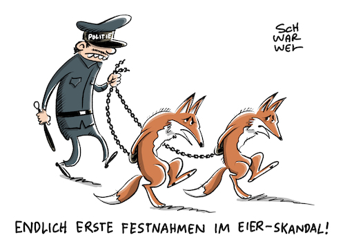 Cartoon: Fipronil Belastung Festnahmen (medium) by Schwarwel tagged fipronil,ei,eier,skandal,lebensmittel,nahrung,essen,konsum,konsument,festnahmen,belastung,gift,niederlande,holland,holländische,behörden,gefährung,öffentliche,gesundheit,stall,ställe,legehennen,huhn,hühner,henne,insektizidbelastet,insektizide,insektengift,unternehmen,chickfriend,hühnerstall,hühnerställe,durchsuchung,bauernverband,bauer,bauern,suprmarkt,supermärkte,hühnerfarm,lebensmittelsicherheit,gesundheitsgefahr,gesundheitsgefährdend,nahrungskette,krank,krankheit,erkrankung,karikatur,schwarwel,fipronil,ei,eier,skandal,lebensmittel,nahrung,essen,konsum,konsument,festnahmen,belastung,gift,niederlande,holland,holländische,behörden,gefährung,öffentliche,gesundheit,stall,ställe,legehennen,huhn,hühner,henne,insektizidbelastet,insektizide,insektengift,unternehmen,chickfriend,hühnerstall,hühnerställe,durchsuchung,bauernverband,bauer,bauern,suprmarkt,supermärkte,hühnerfarm,lebensmittelsicherheit,gesundheitsgefahr,gesundheitsgefährdend,nahrungskette,krank,krankheit,erkrankung,karikatur,schwarwel