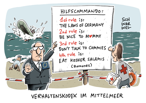 Cartoon: Flüchtlinge Verhaltenskodex (medium) by Schwarwel tagged flüchtlinge,geflüchtete,flüchtlingskrise,flüchtlingspolitik,flucht,flüchtlingsroute,mittelmeer,eu,europäische,union,europa,tot,tod,angespült,leichen,verhaltenskodex,helfer,syrien,krieg,terror,terroristen,asyl,asylanten,migration,migranten,ramones,hilfskommando,karikatur,schwarwel,flüchtlinge,geflüchtete,flüchtlingskrise,flüchtlingspolitik,flucht,flüchtlingsroute,mittelmeer,eu,europäische,union,europa,tot,tod,angespült,leichen,verhaltenskodex,helfer,syrien,krieg,terror,terroristen,asyl,asylanten,migration,migranten,ramones,hilfskommando,karikatur,schwarwel