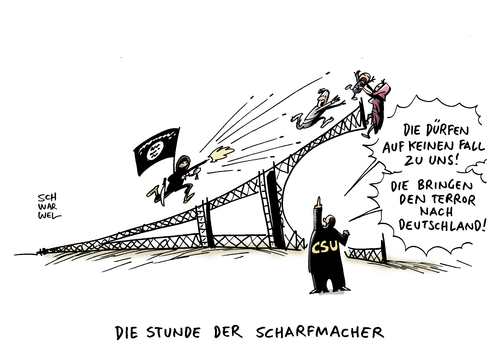 Cartoon: Flüchtlingsdebatte nach Paris (medium) by Schwarwel tagged flüchtlingsdebatte,nach,paris,attentat,tot,mord,is,islamischer,staat,terror,gewalt,terroristen,anschlag,eagles,of,death,konzert,fußball,stadion,selbstmord,selbstmordattentäter,attentäter,flüchtlinge,asyl,asylsuchende,die,stunde,der,scharfmacher,politik,rassismus,rechts,nazis,karikatur,schwarwel,csu,konservative,partei,markus,söder,angst,hass,frankreich,migration,migranten,stimmungsmache,gegen,willkommenskultur,grenzen,dicht,pegida,afd,rechtspopulistisch,terrormiliz,flüchtlingsdebatte,nach,paris,attentat,tot,mord,is,islamischer,staat,terror,gewalt,terroristen,anschlag,eagles,of,death,konzert,fußball,stadion,selbstmord,selbstmordattentäter,attentäter,flüchtlinge,asyl,asylsuchende,die,stunde,der,scharfmacher,politik,rassismus,rechts,nazis,karikatur,schwarwel,csu,konservative,partei,markus,söder,angst,hass,frankreich,migration,migranten,stimmungsmache,gegen,willkommenskultur,grenzen,dicht,pegida,afd,rechtspopulistisch,terrormiliz