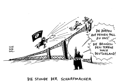 Cartoon: Flüchtlingsdebatte nach Paris (medium) by Schwarwel tagged flüchtlingsdebatte,nach,paris,attentat,tot,mord,is,islamischer,staat,terror,gewalt,terroristen,anschlag,eagles,of,death,konzert,fußball,stadion,selbstmord,selbstmordattentäter,attentäter,flüchtlinge,asyl,asylsuchende,die,stunde,der,scharfmacher,politik,rassismus,rechts,nazis,karikatur,schwarwel,csu,konservative,partei,markus,söder,angst,hass,frankreich,migration,migranten,stimmungsmache,gegen,willkommenskultur,grenzen,dicht,pegida,afd,rechtspopulistisch,terrormiliz,flüchtlingsdebatte,nach,paris,attentat,tot,mord,is,islamischer,staat,terror,gewalt,terroristen,anschlag,eagles,of,death,konzert,fußball,stadion,selbstmord,selbstmordattentäter,attentäter,flüchtlinge,asyl,asylsuchende,die,stunde,der,scharfmacher,politik,rassismus,rechts,nazis,karikatur,schwarwel,csu,konservative,partei,markus,söder,angst,hass,frankreich,migration,migranten,stimmungsmache,gegen,willkommenskultur,grenzen,dicht,pegida,afd,rechtspopulistisch,terrormiliz