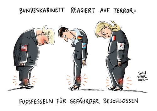 Cartoon: Fußfesseln für Gefährder (medium) by Schwarwel tagged fufessel,gefährder,gefahr,terroranschlag,le,pen,wilders,trump,frauke,petry,afd,alternative,für,deutschland,terror,president,präsident,amerika,france,frankreich,front,national,nazi,rechts,populismus,rechtspopulismus,karikatur,schwarwel,fufessel,gefährder,gefahr,terroranschlag,le,pen,wilders,trump,frauke,petry,afd,alternative,für,deutschland,terror,president,präsident,amerika,france,frankreich,front,national,nazi,rechts,populismus,rechtspopulismus,karikatur,schwarwel