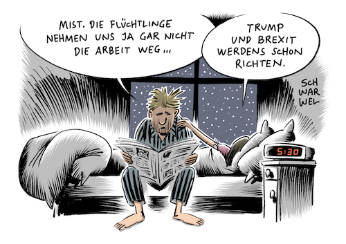 Cartoon: Geflüchtete Trump Brexit (medium) by Schwarwel tagged geflüchtete,flüchtlinge,flüchtlingskrise,flüchtlingspolitik,arbeit,arbeitsmarkt,arbeitslos,risiko,trump,brexit,karikatur,schwarwel,geflüchtete,flüchtlinge,flüchtlingskrise,flüchtlingspolitik,arbeit,arbeitsmarkt,arbeitslos,risiko,trump,brexit,karikatur,schwarwel