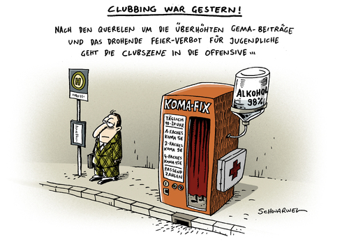 Cartoon: GEMA Komasaufen (medium) by Schwarwel tagged gema,erhöhung,gebühr,club,betreiber,existenz,familienminister,ministerin,schröder,komasaufen,kampf,koma,saufen,alkohol,jugendliche,konzert,live,band,musik,veranstalter,karikatur,schwarwel,veranstaltung,gema,gebühr,existenz