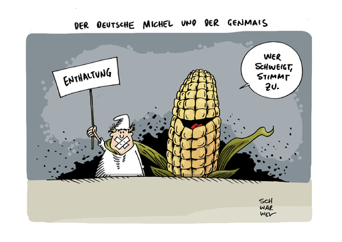 Cartoon: Genmais Zulassung Enthaltung (medium) by Schwarwel tagged genmais,gen,lebensmittel,nahrung,zulassung,deutschland,schweigen,enthaltung,essen,genmanipuliert,karikatur,schwarwel,eu,europäische,union,agrar,agrarminister,genfood,us,usa,gesundheit,natur,tiere,gentechnisch,gentechnik,pflanzen,maissorte,1507,firma,pioneer,dupont,resistenz,unkrautvernichtungsmittel,glufosinat,insektengift,schädling,maiszünsler,maisernte,welternährungsorganisation,spd,cdu,grüne,genmais,gen,lebensmittel,nahrung,zulassung,deutschland,schweigen,enthaltung,essen,genmanipuliert,karikatur,schwarwel,eu,europäische,union,agrar,agrarminister,genfood,us,usa,gesundheit,natur,tiere,gentechnisch,gentechnik,pflanzen,maissorte,1507,firma,pioneer,dupont,resistenz,unkrautvernichtungsmittel,glufosinat,insektengift,schädling,maiszünsler,maisernte,welternährungsorganisation,spd,cdu,grüne