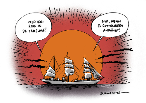 Cartoon: Guttenberg Gorch Fock (medium) by Schwarwel tagged guttenberg,gorch,fock,meuterei,schiff,see,armee,bundeswehr,minister,kadett,schikane,bord,kommandant,ausbildung,segel,takelage,marine,matrose,seefahrt,soldat,offizier,verteidigungsminister,karikatur,schwarwel,guttenberg,gorch,fock,meuterei,schiff,see,armee,minister,kadett,schikane,bord,kommandant,ausbildung,segel,takelage,marine,matrose,verteidigungsminister