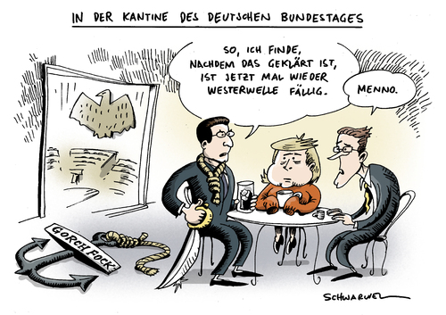 Cartoon: Guttenberg und Westerwelle (medium) by Schwarwel tagged staffelstab,guttenberg,westerwelle,angela,merkel,angie,kantine,deutscher,bundestag,deutsch,gorch,fock,politik,regierung,minister,chef,führung,gespräch,meeting,treffen,statt,bundesrepublik,tisch,essen,karikatur,schwarwel,partei,cdu,fdp,marine,bundeswehr,skandal,krise,guttenberg,staffelstab,westerwelle,angela,merkel,angie,kantine,deutscher,bundestag,deutsch,gorch,fock,politik,regierung,minister,chef,führung,gespräch,meeting,treffen,bundesrepublik,cdu,fdp,marine,bundeswehr