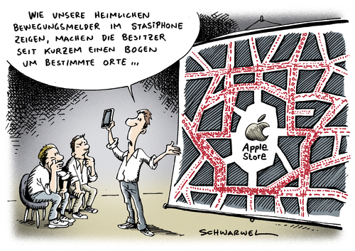 Cartoon: iPhone Bewegungsmelder (medium) by Schwarwel tagged apple,iphone,bewegungsmelder,bewegung,melder,sicherheit,kontrolle,bewegungsortung,karikatur,schwarwel,daten,ipad,software,telefon,mobilfunk,speicherung,unverschlüsselt,apple,iphone,bewegungsmelder,bewegung,melder,sicherheit,kontrolle,bewegungsortung,daten,software,ort,speichern