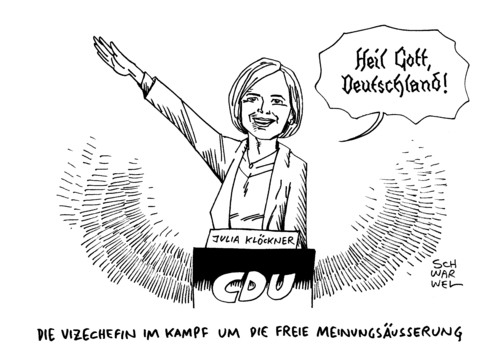 Cartoon: Julia Klöckner Hitlergruß (medium) by Schwarwel tagged julia,klöckner,hitlergruß,freie,meinungsäußerung,karikatur,schwarwel,heil,gott,deutschland,cdu,partei,rechts,hitler,vizechefin,vize,pegida,demo,demonstration,nationalsozialismus,volksverhetzung,grundrecht,julia,klöckner,hitlergruß,freie,meinungsäußerung,karikatur,schwarwel,heil,gott,deutschland,cdu,partei,rechts,hitler,vizechefin,vize,pegida,demo,demonstration,nationalsozialismus,volksverhetzung,grundrecht