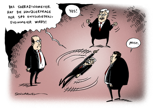 Cartoon: Kanzlerfrage Sarrazin (medium) by Schwarwel tagged kanzlerfrage,kanzler,spd,thilo,sarrazin,steinbrück,gabriel,politik,deutschland,merkel,steinmeier,karikatur,schwarwel,kanzlerfrage,kanzler,spd,sarrazin,steinbrück,merkel,steinmeier