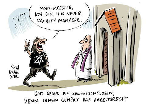 Cartoon: Kirche Arbeit Konfessionslose (medium) by Schwarwel tagged kirche,kirchen,religion,kreuz,jesus,glaube,gott,pastor,eugh,urteil,recht,gesetz,arbeitgeber,job,lohn,arbeit,arbeitnehmer,konfessionslos,konfession,einstellung,arbeitsrecht,metal,metaller,satan,religionszugehörigkeit,christlich,christentum,diskriminierung,diskriminierungsverbot,cartoon,karikatur,schwarwel,kirche,kirchen,religion,kreuz,jesus,glaube,gott,pastor,eugh,urteil,recht,gesetz,arbeitgeber,job,lohn,arbeit,arbeitnehmer,konfessionslos,konfession,einstellung,arbeitsrecht,metal,metaller,satan,religionszugehörigkeit,christlich,christentum,diskriminierung,diskriminierungsverbot,cartoon,karikatur,schwarwel