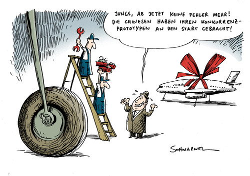 Cartoon: Konkurrent für Airbus und Boein (medium) by Schwarwel tagged china,flugzeug,airbus,boeing,flieger,konkurrent,flug,passagier,comac,bau,hersteller,prototyp,jet,messe,luftfahrt,fahrt,fehler,absturz,china,flugzeug,airbus,boeing,flieger,konkurrent,passagier,comac,hersteller,prototyp,jet,messe,luftfahrt,fahrt,absturz,flugsicherheit,sicherheit,wartung,technik