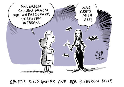 Cartoon: Krebshilfe Solarium (medium) by Schwarwel tagged deutsche,krebshilfe,weltkrebstag,krebs,krankheit,krank,gesund,gesundheit,krankenhaus,pharmazie,therapie,ätze,medikament,medikamente,sonnenstudio,sonnenstudios,solarium,lungenkrebs,brustkrebs,krebsgefahr,krebserregend,hautkrebs,solarienverbot,melanom,who,weltgesundheitsorganisation,uv,strahlung,grufti,grufties,gothics,sonne,braun,bräunung,cartoon,karikatur,schwarwel,deutsche,krebshilfe,weltkrebstag,krebs,krankheit,krank,gesund,gesundheit,krankenhaus,pharmazie,therapie,ätze,medikament,medikamente,sonnenstudio,sonnenstudios,solarium,lungenkrebs,brustkrebs,krebsgefahr,krebserregend,hautkrebs,solarienverbot,melanom,who,weltgesundheitsorganisation,uv,strahlung,grufti,grufties,gothics,sonne,braun,bräunung,cartoon,karikatur,schwarwel