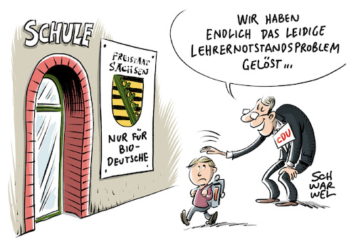 Cartoon: Lehrermangel in Sachsen (medium) by Schwarwel tagged lehrermangel,sachsen,weniger,unterricht,lehrer,schule,schüler,ausfall,cdu,partei,politik,politiker,minister,bildung,unterrichtsstunden,bildungsminister,christian,piwarz,finanzminister,matthias,haß,fächer,kunst,musik,schulstunden,einsparungen,kürzungen,lehrkräfte,unterrichtsversorgung,cartoon,karikatur,schwarwel,medienkompetenz,medienpädagogik,rechts,rechtsextrem,rechtsextremismus,nazi,nazis,biodeutsche,deutsch,national,nationalsozialismus,rechtspopulismus,rechtspopulisten,rassistisch,rassismus,afd,alternative,für,deutschland,nonazis,ausländerfeindlichkeit,hitler,braunes,rechtsextremisten,lehrermangel,sachsen,weniger,unterricht,lehrer,schule,schüler,ausfall,cdu,partei,politik,politiker,minister,bildung,unterrichtsstunden,bildungsminister,christian,piwarz,finanzminister,matthias,haß,fächer,kunst,musik,schulstunden,einsparungen,kürzungen,lehrkräfte,unterrichtsversorgung,cartoon,karikatur,schwarwel,medienkompetenz,medienpädagogik,rechts,rechtsextrem,rechtsextremismus,nazi,nazis,biodeutsche,deutsch,national,nationalsozialismus,rechtspopulismus,rechtspopulisten,rassistisch,rassismus,afd,alternative,für,deutschland,nonazis,ausländerfeindlichkeit,hitler,braunes,rechtsextremisten