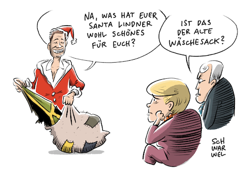 Cartoon: Lindner FDP Jamaika (medium) by Schwarwel tagged jamaika,kolaition,sondierung,sondierungsgespräche,regierung,politik,politiker,deutschland,regierungsbeteiligung,angela,merkel,bundeskanzlerin,cdu,csu,union,partei,spd,martin,schulz,wahl,bundestagswahl,wahlen,neuwahl,neuwahlen,minderheitsregierung,minderheitenregierung,parteichef,groko,große,koalition,demokratie,karikatur,schwarwel,nogroko,christian,lindner,fdp,seehofer,weihnachten,weihnachtsmann,sack,rute,jamaika,kolaition,sondierung,sondierungsgespräche,regierung,politik,politiker,deutschland,regierungsbeteiligung,angela,merkel,bundeskanzlerin,cdu,csu,union,partei,spd,martin,schulz,wahl,bundestagswahl,wahlen,neuwahl,neuwahlen,minderheitsregierung,minderheitenregierung,parteichef,groko,große,koalition,demokratie,karikatur,schwarwel,nogroko,christian,lindner,fdp,seehofer,weihnachten,weihnachtsmann,sack,rute