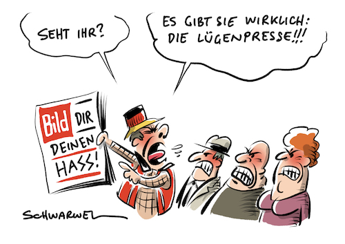 Cartoon: Lügenpresse BILD Zeitung (medium) by Schwarwel tagged nazi,nazis,neonazis,aufmarsch,krawalle,chemnitz,c2608,c2708,terrorgruppe,freital,sächsische,schweiz,mininsterpräsident,kretzschmer,cdu,braunes,sachsen,ausländerhass,ausländerfeindlichkeit,demo,demonstration,gegendemo,gegendemonstration,rechtsextrem,rechtsextremismus,faschisten,hitlergruß,hakenkreuz,sieg,heil,hetzjagd,hetzjagden,ausländer,brennende,flüchtlingsheime,asyl,asylunterkunft,rassismus,rassisten,faschismus,cartoon,karikatur,schwarwel,stadtfest,tot,tod,mord,totschlag,gewalt,gewaltbereit,besorgte,bürger,wutbürger,hooligans,hutbürger,konservativ,polizei,hooliganszene,fußball,fussball,fussbalclub,lügenpresse,bild,zeitung,hass,hetze,hasskommentare,medien,journalismus,presse,nazi,nazis,neonazis,aufmarsch,krawalle,chemnitz,c2608,c2708,terrorgruppe,freital,sächsische,schweiz,mininsterpräsident,kretzschmer,cdu,braunes,sachsen,ausländerhass,ausländerfeindlichkeit,demo,demonstration,gegendemo,gegendemonstration,rechtsextrem,rechtsextremismus,faschisten,hitlergruß,hakenkreuz,sieg,heil,hetzjagd,hetzjagden,ausländer,brennende,flüchtlingsheime,asyl,asylunterkunft,rassismus,rassisten,faschismus,cartoon,karikatur,schwarwel,stadtfest,tot,tod,mord,totschlag,gewalt,gewaltbereit,besorgte,bürger,wutbürger,hooligans,hutbürger,konservativ,polizei,hooliganszene,fußball,fussball,fussbalclub,lügenpresse,bild,zeitung,hass,hetze,hasskommentare,medien,journalismus,presse