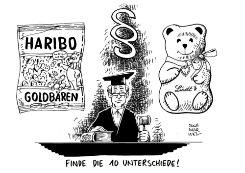 Cartoon: Markenstreit Haribo Lindt (medium) by Schwarwel tagged markenstreit,haribo,lindt,goldbären,gummibären,streit,gericht,lebensmittel,nahrung,recht,gesetz,karikatur,schwarwel,markenstreit,haribo,lindt,goldbären,gummibären,streit,gericht,lebensmittel,nahrung,recht,gesetz,karikatur,schwarwel