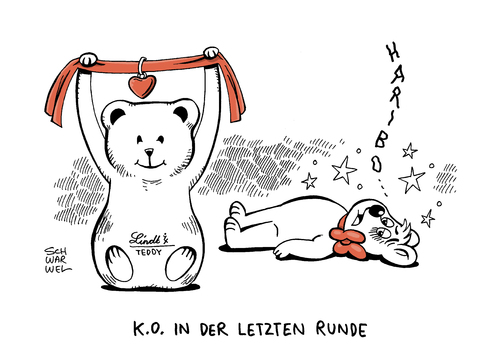 Cartoon: Markenstreit Haribo Lindt (medium) by Schwarwel tagged markenstreit,haribo,lindt,goldbären,gummibären,streit,gericht,lebensmittel,nahrung,recht,gesetz,karikatur,schwarwel,markenstreit,haribo,lindt,goldbären,gummibären,streit,gericht,lebensmittel,nahrung,recht,gesetz,karikatur,schwarwel