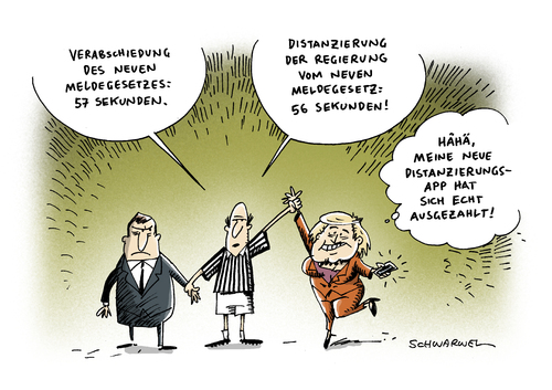 Cartoon: Meldegesetz (medium) by Schwarwel tagged meldegesetz,regierung,distanz,distanzierung,merkel,angela,angle,gesetz,abstimmung,entscheidung,reaktion,öffentlichkeit,politik,fußball,deutschland,italien,karikatur,schwarwel,regierung,distanz,distanzierung,merkel,datenschutz