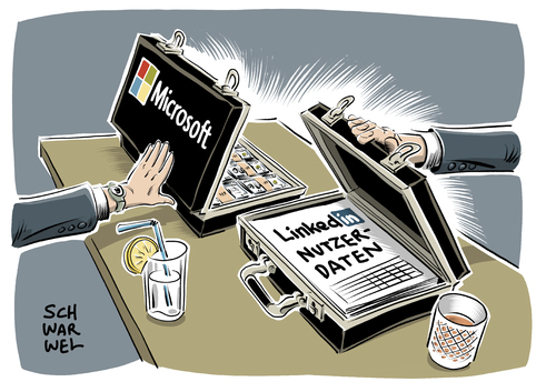 Cartoon: Microsoft kauft LinkedIn (medium) by Schwarwel tagged microsoft,linkedin,analyse,übernahme,notausstieg,www,world,wide,web,social,media,portal,karriereportal,karikatur,schwarwel,microsoft,linkedin,analyse,übernahme,notausstieg,www,world,wide,web,social,media,portal,karriereportal,karikatur,schwarwel