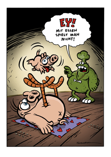 Cartoon: Mit Essen spielt man nicht (medium) by Schwarwel tagged schwarwel,cartoon,witz,lustig,schweinevogel,swampie,spiel,sid,essen,spiel,essen,nahrung,spielen,kinder,familie