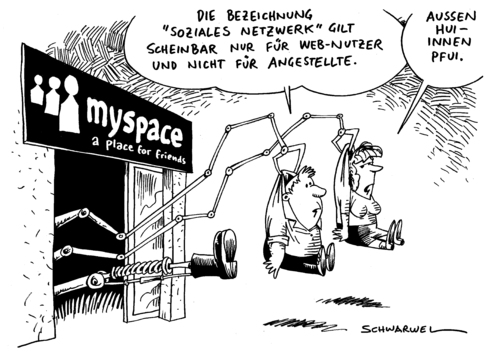 Cartoon: MySpace entlässt Belegschaft (medium) by Schwarwel tagged myspace,belegschaft,entlassung,welt,weltweit,job,arbeitslos,arbeitslosigkeit,web,www,geld,lohn,sozial,netzwerk,angestellte,arbeiter,arbeitnehmer,social,network,stellen,streichung,gewinn,krise,unternehmen,entertainment,nutzer,user,mike,jones,karikatur,schwarwel,myspace,belegschaft,entlassung,welt,weltweit,job,arbeitslos,arbeitslosigkeit,www,netzwerk,angestellte,arbeiter,arbeitnehmer,social network,streichung,stellen,social,network