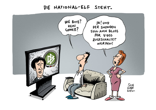 Cartoon: National-Elf und Snowden (medium) by Schwarwel tagged national,elf,jogi,löw,wm,kader,whistleblower,snowden,vernehmnung,deutschland,karikatur,schwarwel,national,elf,jogi,löw,wm,kader,whistleblower,snowden,vernehmnung,deutschland,karikatur,schwarwel