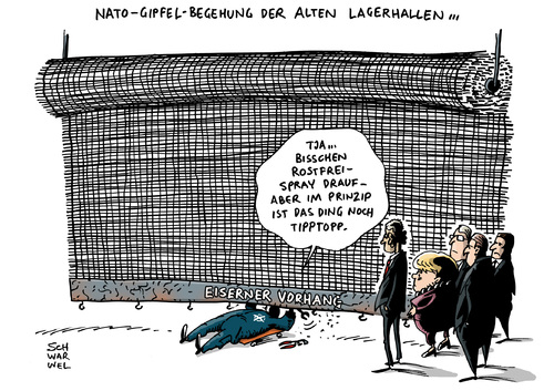 Cartoon: Nato Gipfel Eiserner Vorhang (medium) by Schwarwel tagged nato,gipfel,eiserner,vorhang,wales,mitgliedsstaaten,umgang,russland,merkel,obama,ukraine,konflikt,putin,karikatur,schwarwel,nato,gipfel,eiserner,vorhang,wales,mitgliedsstaaten,umgang,russland,merkel,obama,ukraine,konflikt,putin,karikatur,schwarwel