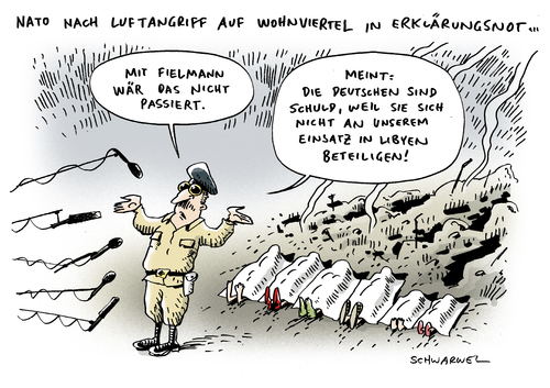 Cartoon: Nato in Libyen nach Luftangriff (medium) by Schwarwel tagged nato,libyen,luftangriff,wohnviertel,erklärungsnot,flugzeug,bombe,angriff,krieg,terror,menschen,tod,krank,waffe,not,militär,soldat,karikatur,schwarwel,nato,libyen,luftangriff,erklärungsnot,flugzeug,bombe,krieg,terror,menschen,krank