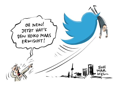 Cartoon: NetzDG Twitter Heiko Maas (medium) by Schwarwel tagged netzdg,debatte,gagschreiber,satirezeitschriften,satire,humor,zeitschrift,zeitung,magazin,medien,presse,gag,witz,witze,satirisch,satiriker,von,storch,tweet,twitter,post,posting,soziale,netzwerke,social,media,www,world,wide,web,netzwerk,netzwerkdurchsetzungsgesetz,online,overblocking,account,accounts,sperren,sperrung,hass,hetze,hasskommentare,rechtsextrem,rechtsextremismus,nazi,nazis,populismus,populistisch,clown,zensuropfer,opfer,meinungsfreiheit,freiheit,sophie,passmann,blogger,titanic,flüchtlinge,geflüchtete,flüchtlingskrise,gesetz,afd,weidel,rechtswidrig,rechtswidrige,inhalte,karikatur,schwarwel,heiko,maas,thilo,sarrazin,netzdg,debatte,gagschreiber,satirezeitschriften,satire,humor,zeitschrift,zeitung,magazin,medien,presse,gag,witz,witze,satirisch,satiriker,von,storch,tweet,twitter,post,posting,soziale,netzwerke,social,media,www,world,wide,web,netzwerk,netzwerkdurchsetzungsgesetz,online,overblocking,account,accounts,sperren,sperrung,hass,hetze,hasskommentare,rechtsextrem,rechtsextremismus,nazi,nazis,populismus,populistisch,clown,zensuropfer,opfer,meinungsfreiheit,freiheit,sophie,passmann,blogger,titanic,flüchtlinge,geflüchtete,flüchtlingskrise,gesetz,afd,weidel,rechtswidrig,rechtswidrige,inhalte,karikatur,schwarwel,heiko,maas,thilo,sarrazin