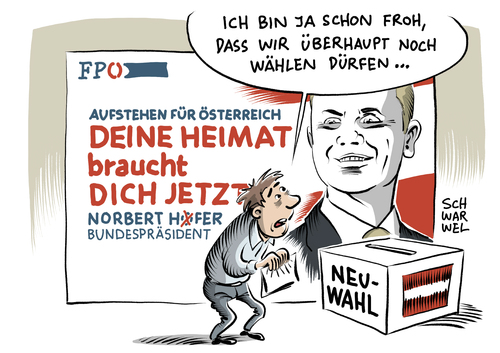 Cartoon: Neuwahlen Österreich (medium) by Schwarwel tagged neuwahlen,wahl,österreich,austria,bundespräsident,bundespräsidentenwahl,fpö,karikatur,schwarwel,partei,heimat,wahlanfechtung,norbert,hofer,rechtspopulistisch,anfechtungsklage,recht,gesetz,rechtsverstoß,briefwahlstimmen,briefwahl,wahlgang,neuwahlen,wahl,österreich,austria,bundespräsident,bundespräsidentenwahl,fpö,karikatur,schwarwel,partei,heimat,wahlanfechtung,norbert,hofer,rechtspopulistisch,anfechtungsklage,recht,gesetz,rechtsverstoß,briefwahlstimmen,briefwahl,wahlgang