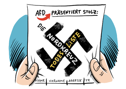 Cartoon: Nordkreuz Todesliste (medium) by Schwarwel tagged nordkreuz,todesliste,rechtsextremisten,rechtsextremismus,rassismus,rassisten,rechtsextrem,mord,terror,prepper,gruppe,rechtes,terrornetzwerk,politisch,motivierte,morde,lka,leichensäcke,polizei,landeskriminalamt,bundeskriminalamt,preppergruppe,ätzkalk,waffen,waffengewalt,krieg,sek,cartoon,karikatur,schwarwel,nordkreuz,todesliste,rechtsextremisten,rechtsextremismus,rassismus,rassisten,rechtsextrem,mord,terror,prepper,gruppe,rechtes,terrornetzwerk,politisch,motivierte,morde,lka,leichensäcke,polizei,landeskriminalamt,bundeskriminalamt,preppergruppe,ätzkalk,waffen,waffengewalt,krieg,sek,cartoon,karikatur,schwarwel