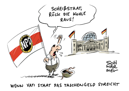 Cartoon: NPD Ende Parteifinanzierung (medium) by Schwarwel tagged npd,rechts,nazi,nazis,rechtsextrem,rechtsextremismus,rechtspopulisten,rechtspopulismus,populismus,partei,parteien,politik,deutschland,parteifinanzierung,bundesrat,nationalisten,nationalsozialismus,nationaldemokraten,ausschluss,rechtsextreme,staatliche,finanzierung,gericht,recht,gesetz,bundesverfassungsgericht,finanzierungsverbot,verfassungsfeindlich,verfassungsfeindliche,karikatur,schwarwel,npd,rechts,nazi,nazis,rechtsextrem,rechtsextremismus,rechtspopulisten,rechtspopulismus,populismus,partei,parteien,politik,deutschland,parteifinanzierung,bundesrat,nationalisten,nationalsozialismus,nationaldemokraten,ausschluss,rechtsextreme,staatliche,finanzierung,gericht,recht,gesetz,bundesverfassungsgericht,finanzierungsverbot,verfassungsfeindlich,verfassungsfeindliche,karikatur,schwarwel