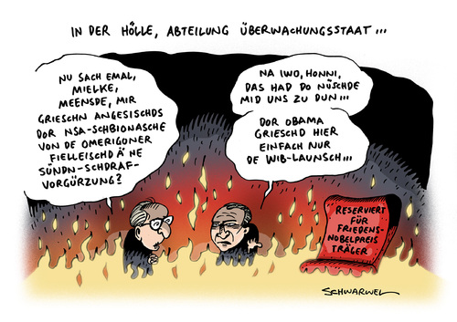 Cartoon: NSA Affäre BND Spionage (medium) by Schwarwel tagged nsa,affäre,festnahme,bnd,mitarbeiter,spionage,bundesnachrichtendienst,daten,hölle,überwachungsstaat,friedensnobelpreisträger,sünden,honnecker,mielke,karikatur,schwarwel,nsa,affäre,festnahme,bnd,mitarbeiter,spionage,bundesnachrichtendienst,daten,hölle,überwachungsstaat,friedensnobelpreisträger,sünden,honnecker,mielke,karikatur,schwarwel