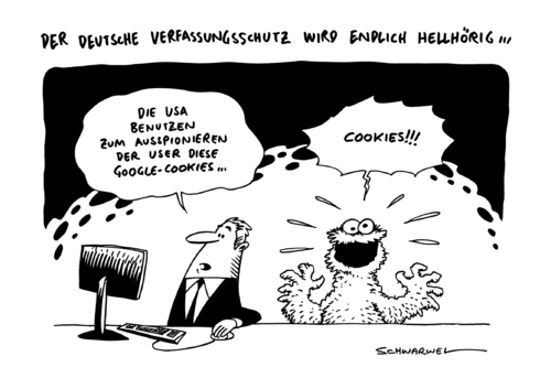 Cartoon: NSA Spionage Verfassungsschutz (medium) by Schwarwel tagged nsa,spionage,verfassungsschutz,ausspionieren,google,cookies,krümelmonster,internet,us,usa,affäre,überwachung,karikatur,schwarwel,nsa,spionage,verfassungsschutz,ausspionieren,google,cookies,krümelmonster,internet,us,usa,affäre,überwachung,karikatur,schwarwel